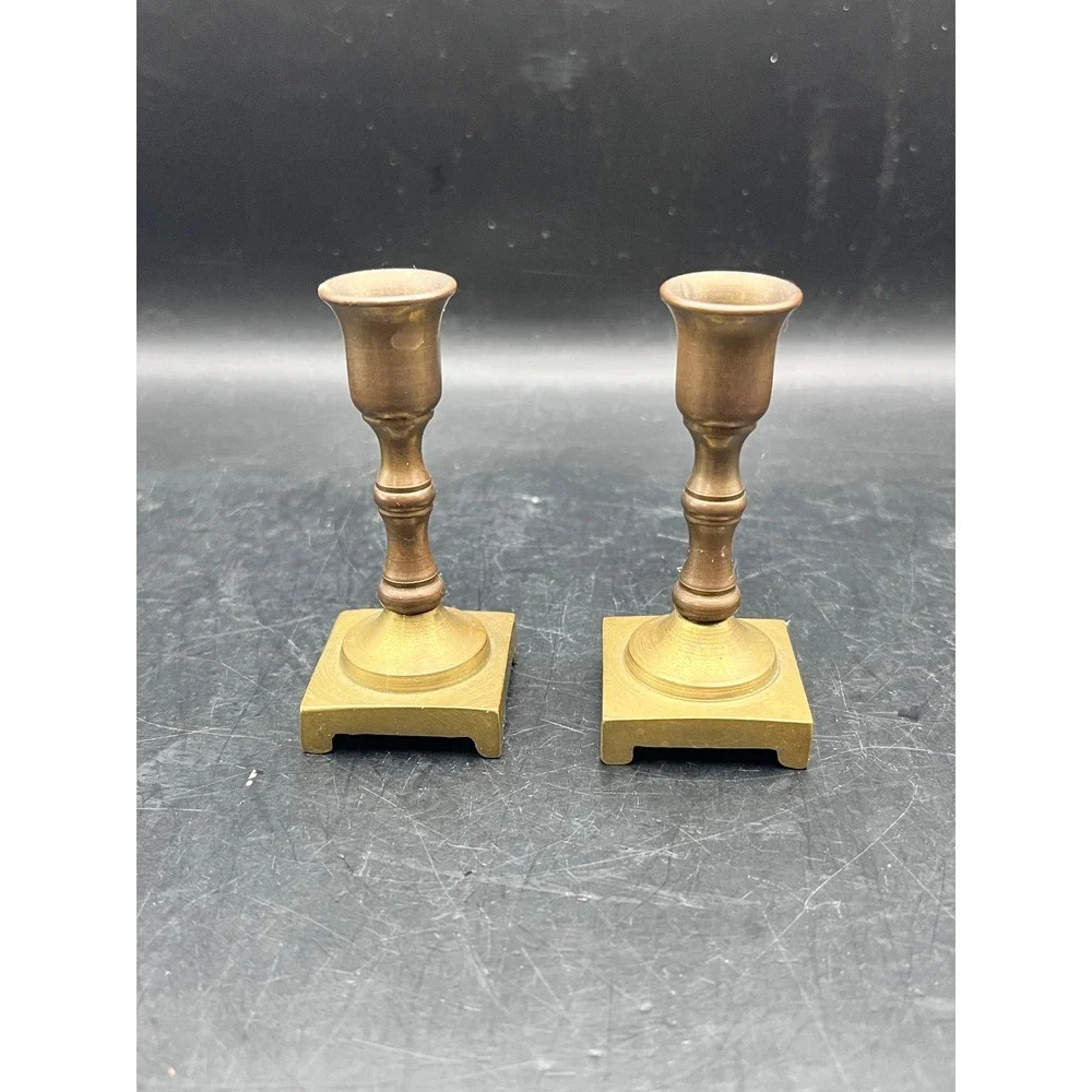 Pair Candlestick Holders Mini‎ Brass Square Base 2.75